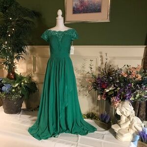 Green chiffon with appliqué neck line